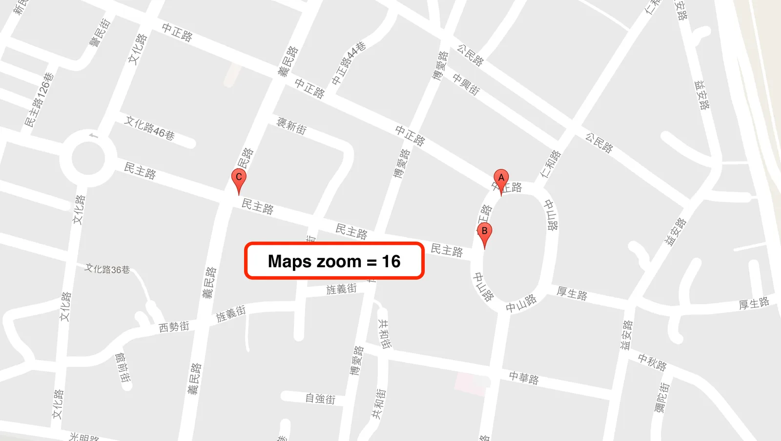 zoom 為 16 時的狀況圖,地圖上分別有 A、B 以及 C 三個點