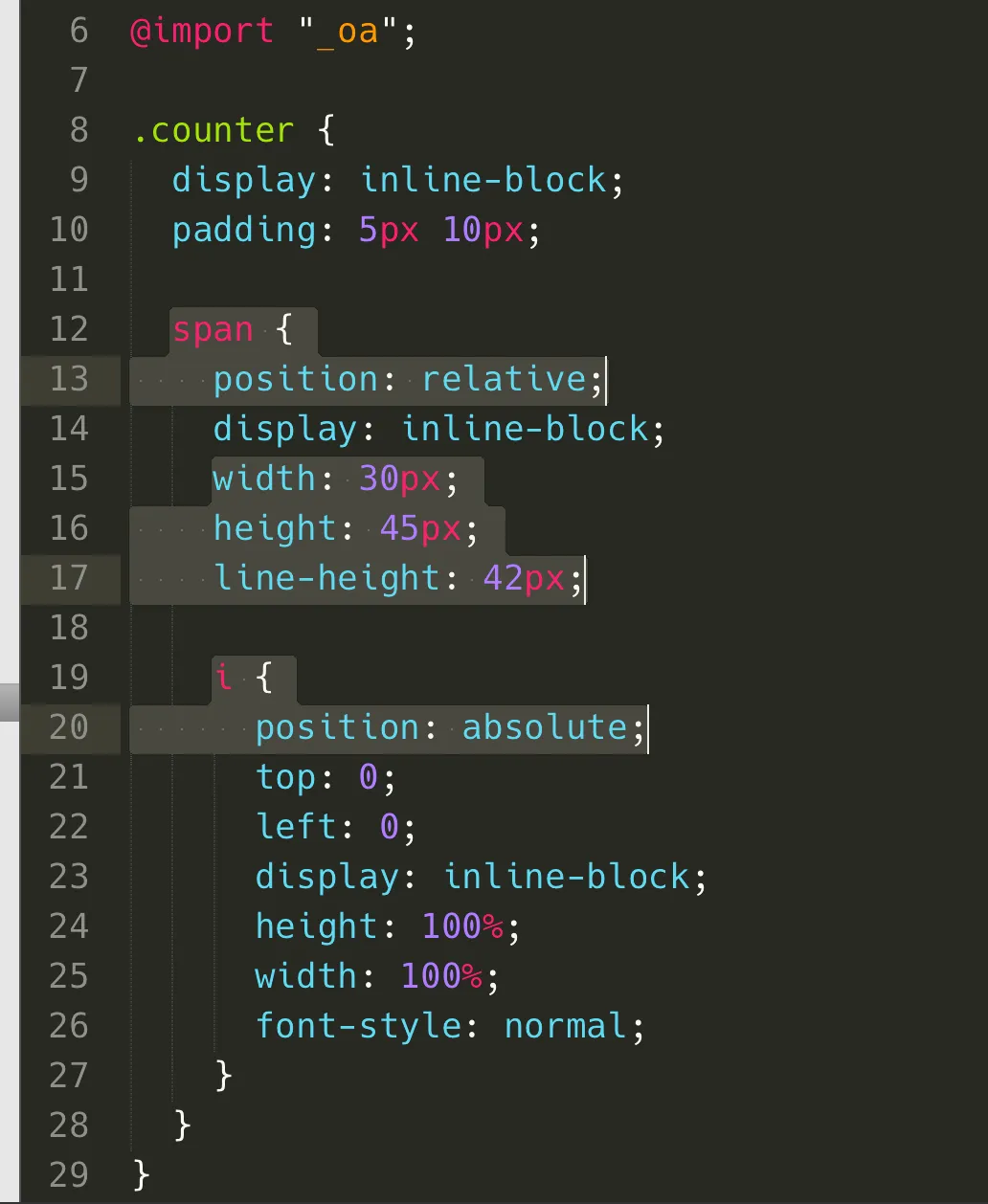 設定 scss(css),將 span 給予 position: relative; 的屬性,然後針對子元素 i 設定 position: absolute