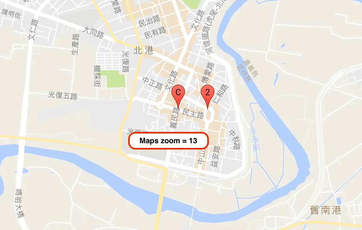 因靠太近,故隱藏 B 只顯示 A,產生一個 集合 Marker 放置在 A 的位置,並且記錄著數量為 2