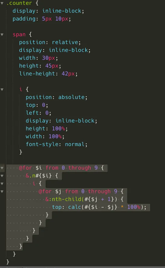 接著改變一下 HTML,將每個 span 加上 n5 的 class,並且修改 scss,將原本的 for 迴圈移除,改在 span 設定,使用雙層迴圈,分別針對 n0~n9 去設定 i 的不同位置