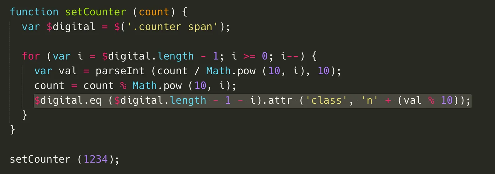 使用 JavaScript 輔助,使用簡單的數學運算(/、%、pow),切割出各個位數,並且利用 jQuery 的 eq 來取得指定的 span